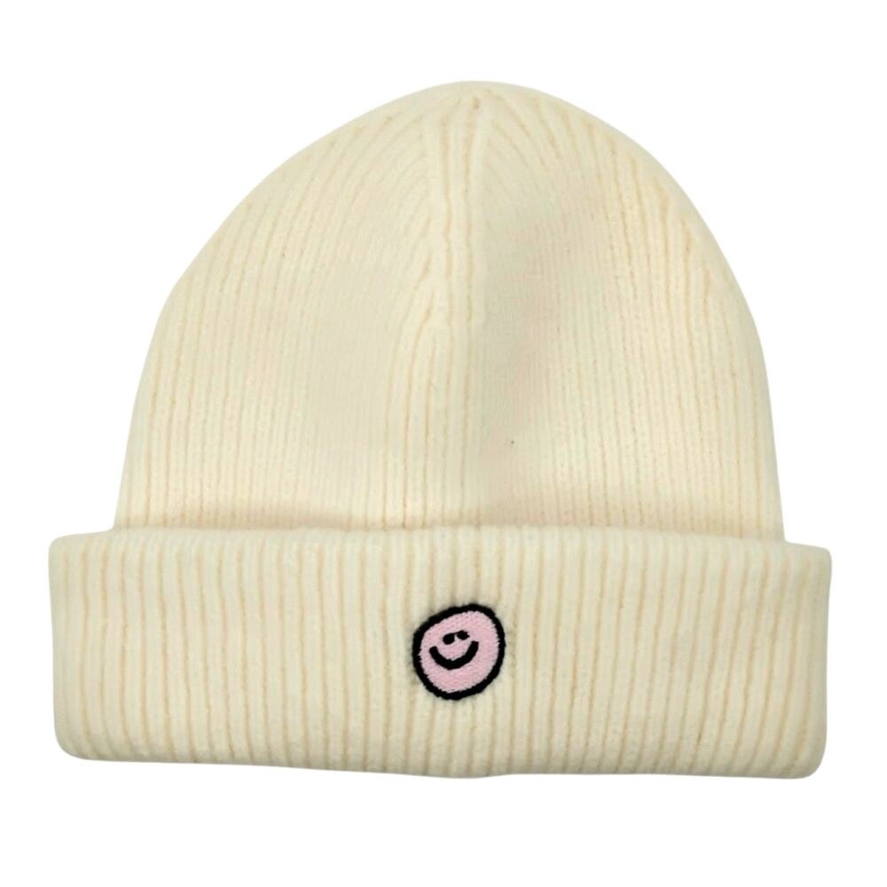 Do Everything In Love Smiley Face Beanie Hat Cream Pink Ribbed Knit One Size